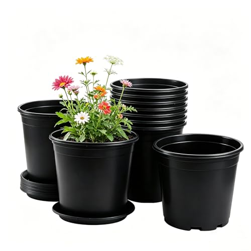 Xuwzenkl 1 Gallon Pots for Plants, 10 Pack Thicken Durable Plastic Plant Nursery Pots with Drainage Holes and Trays for Gardening Plants, Seedlings, Flowers, and Vegetables(Black)