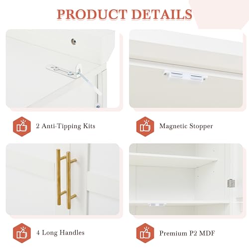 Image of Ball & Cast 71″Tall Kitchen Pantry Cabinet with 8 Pull Out Trays & 4 Doors,Versatile Farmhouse Wood Pantry Storage Cabinet w /2 Doors Shelves and Adjustable Shelves for Kitchen,Dining Room,White