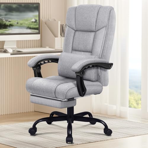 ELFORDSON Executive Office Chair for Home Office, Ergonomic PC Gaming Chair with Footrest Lumbar Support Armrests, Comfy High Back 150° Reclining Computer Chairs, 180KG Loads, Fabric Linen, Grey