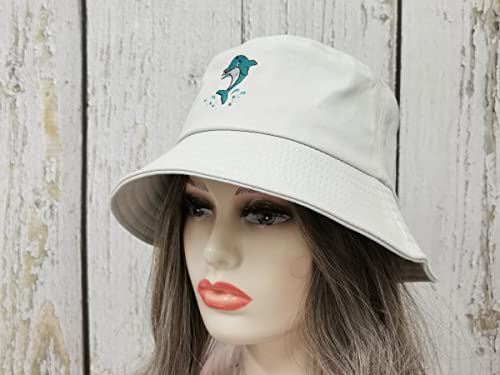 Embroidered Dolphin Bucket Hat For Men Women Teens, Beige Embroidery Travel Beach Sun Hats Adjustable Fisherman Cap Unisex #TOP4