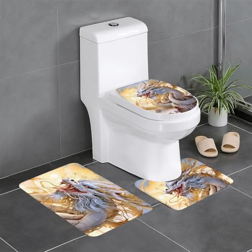 龍 竜 ドラゴン柄 和風 (6) アニメ トイレマット 3点セット フタカバー 浴室足ふきマット 吸水 速乾 滑り止め 抗菌 防臭 洗える ふわふわ おしゃれ 40x60cm