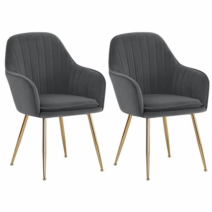 Image of Dark Grey Velvet Chair for Home | Modern Accent Armchair in Soft Velvet Fabric with Golden Legs | Set of 2 Premium Accent Chair for Living Room Bedroom Restaurent | Dark Grey, 2 pc