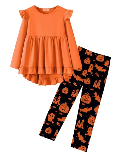Image of Yekaty Girls Clothes Ruffle Shoulder High Low Hem Long Sleeve Top and Floral Pants 2 Piece Fall Outfits Clothing Set