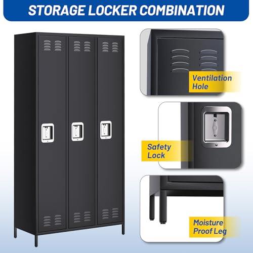 GarveeHome 3 Doors Metal Office Storage Cabinet, Metal Lockers for Employees with 9 Hooks and 3 Shelves, 72 Inch Tall Steel Storage Cabinet Locker for Home, Office, Gym, School, Black