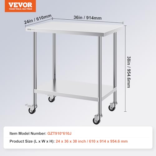Image of VEVOR Stainless Steel Table 24 x 36 x 38 Inch, with 4 Wheels, 3 Adjustable Height Levels, Heavy Duty Food Prep Work Table for Commercial Kitchen Restaurant, Silver