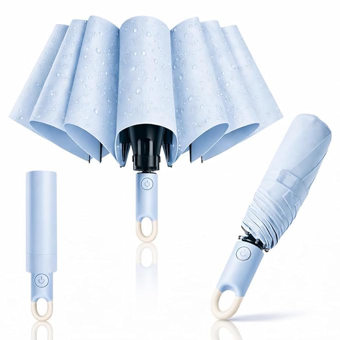Image of UV Reversible Umbrella with Novelty Carabiner Handle, Travel-Friendly Umbrellas for Sun & Rain Protection, Windproof Compact, Automatic Open /Close, 8 Dual Ribs, Portable Umbrella for Men and Women
