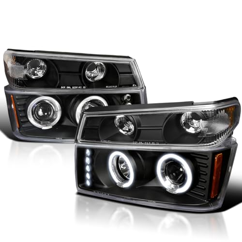Spec-D Tuning Black Housing Clear Lens LED Halo Projector Headlights + Bumper Lights Compatible with 2004-2012 Chevy Colorado, 2004-2012 GMC Canyon Left + Right Pair Headlamps Assembly