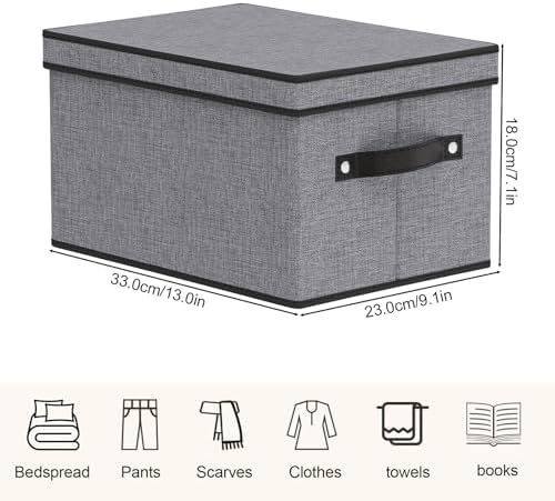 Storage Boxes with Lids, Shelf bins with Handles, Foldable Cube Organizer Basket for Organizing, Linens Clothes, Shelves Organiser, Gray, 33×23×18 cm, 3-Pack