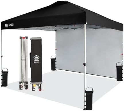 CROWN SHADES 10x10 Pop Up Canopy with 1 Side Wall - Beach Tent with One Push Setup - Outdoor Sun Shade for Events, Parties, Camping - Gazebo with STO-N-Go Cover Bag (Black)