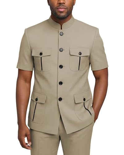TUXBURNTXZ Beige Safari Suits for Men Regular Fit 2 Piece Short Sleeve Suit Summer Casual Chinese Mandarin Collar Blazer Pants Set African Clothes S