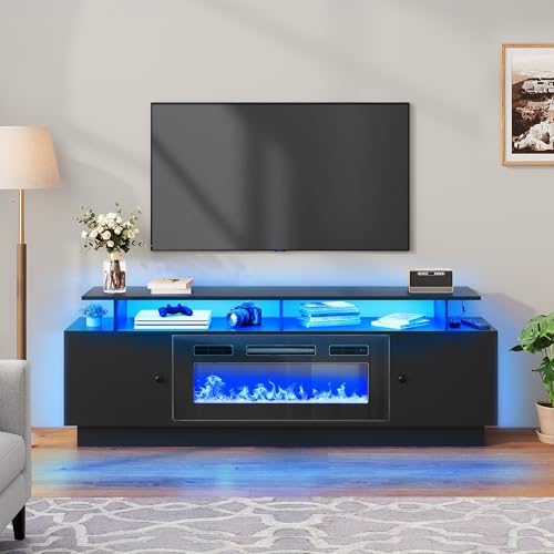 DWVO Fireplace TV Stand with 36" Electric Fireplace, Entertainment Center with LED Lights, Modern TV Cabinets for 65/75 Inch TVs for Living Room, Black