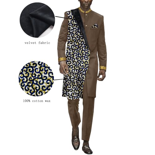 Slim Fit African Suit for Men Splice Velvet Embroidery Print Blazer and Pants Set Dashiki Outfits Party Wedding2