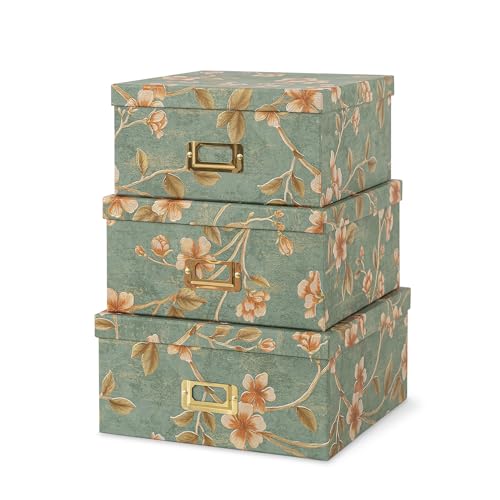 Soul & Lane Decorative Cardboard Storage Boxes – Set of 3 Square Stacking Boxes with Lids and Gold Label Holders, Nesting Photo Storage for Decor and Organizing, Botanical Sage