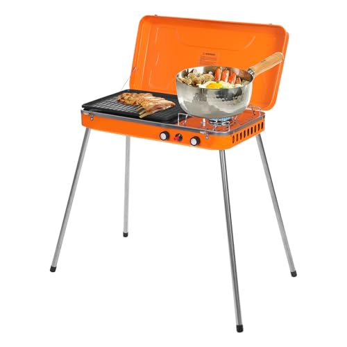 Camping Stove 2 Burner Outdoor Portable Gas Stove with Grill and 2 Adjustable Burners 5860 BTU Outdoor Grill Portable Stove for