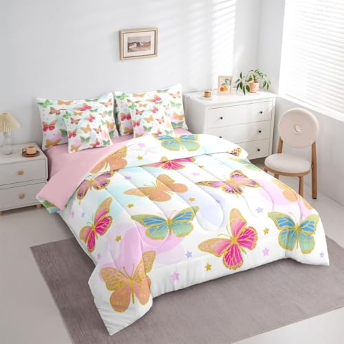Image of Flying Butterflies 7 Pieces Bedding Set King,Colorful Garden Wildlife Bed in a Bag,Cartoon Stars Bed Set Includes Comforter,Sheet Set,Pillowcases & Pillow Covers,Vintage Romantic Style Bedroom Decor