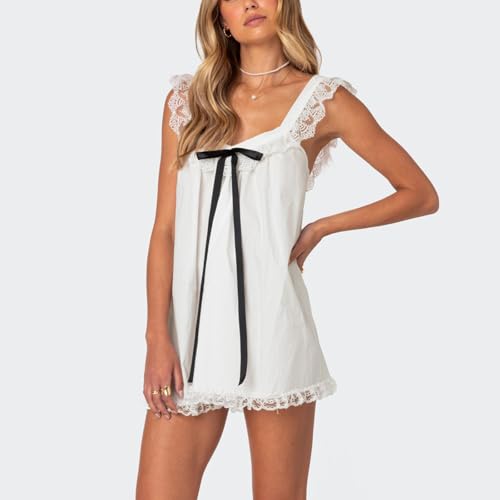 Women Y2K Lace Trim Slip Dress Casual Bow Tie Pleated Ruffle Tunic Dress Summer Outgoing Solid Color Short Sundress3