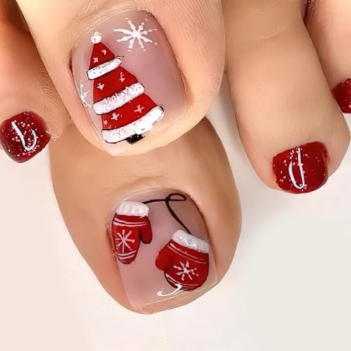 Jremg Christmas Press-On Short Square Toenails With Red Gloves, Winter Xmas Trees, Glossy Full Cover Glue-On, Cute Snowflake Designs, Solid Color Acrylic for Women - 24Pcs