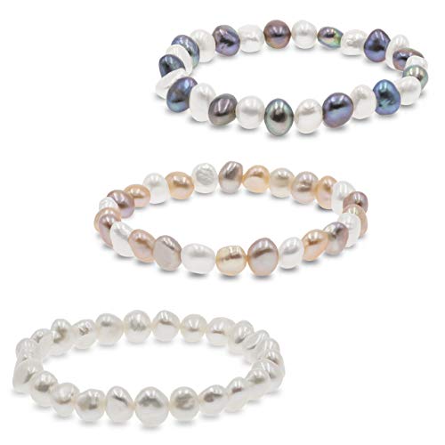 Secret & You Pearl Bracelet with White or Colorful Baroque Freshwater Cultured Pearls - Pearls are 8-9 mm 22 Pearls in Total –18 cm Elasticated Band