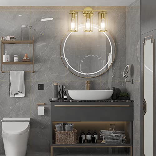 Aipsun 3 Lights Gold Bathroom Light Fixtures, Modern Bathroom Vanity Light, Brushed Brass Bath Wall Mount Lights, Vintage Metal Cage Wall Sconce for Mirror Kitchen Bedroom Hallway Living Room Hallway by Aipsun - Used condition - Image 9