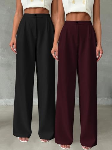 Image of Toochki Trousers for Woman Pants Women's Formal Office Korean | Beige Track Pant | Straight | Cotton Spandex Stretchable Trouser | High-Waisted Bottom Wear | Pack of 2 Combo