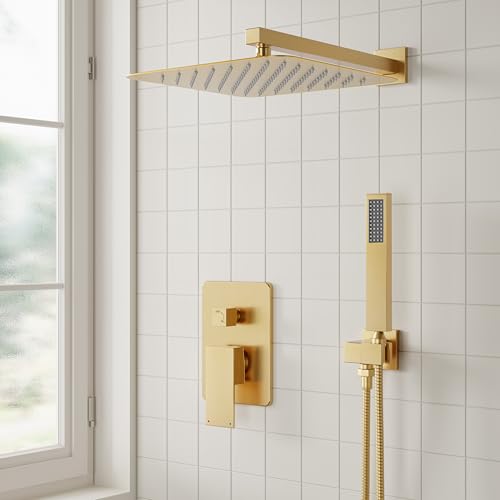 Image of ESNBIA Rain Shower Head with Handheld Spray Combo, 12 inch Brushed Gold