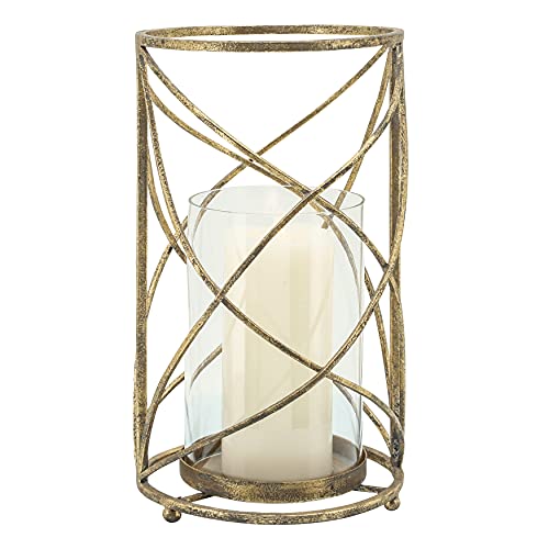 13" Metal Hurricane Candle Holder - Contemporary Rustic Gold Votive Candle Tealight Holder - Decorative Home Decor Accent - Centerpiece Wedding Decor