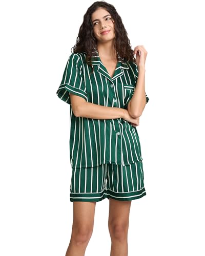Image of YiNi LuLu Womens Silk Satin Shorts Pajamas Set Button Down 2 Piece Pjs Short Sleeve Oversized Sleepwear with Pockets