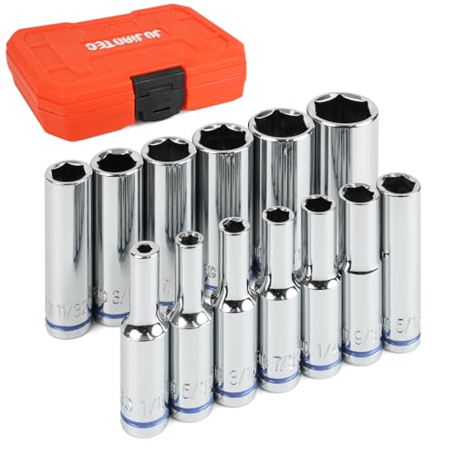JU JIAN TEC 1/4" Drive SAE Master Socket Set, 13-Piece Deep Hex Socket Set (1/8" - 5/8"), Cover Most Commonly Sizes, 6 Point, Chrome Vanadium Steel with Molded Case