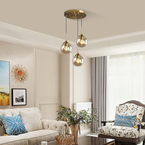 Lámpara colgante de vidrio con 3 luces de globo dorado regulable en altura