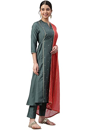 Image of Janasya Women's Dark Green Poly Silk Embellished Kurta with Pant and Dupatta