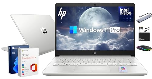 HP New 14' HD Ultral Light Thin Laptop, Quad-Core Intel Celeron Processor, 16GB RAM, 628GB (128GB eMMC+ 500GB Ext), Wi-Fi, Upto 11 Hours, Windows 11 S + 1 Year Office 365+HubxcelAccessory, Silver
