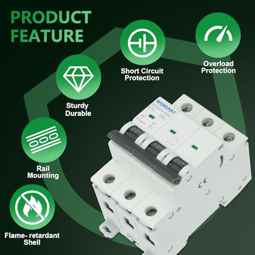 Wengart Leitungsschutzschalter 3-polig B10 – 6kA Sicherungsautomat für Wohn- & Steuerungsbau – Optimiert für Phasenschienen-Montage – Zuverlässiger Leitungsschutz AC 230V/400V – WGM12-63H