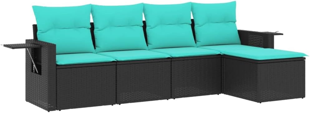 vidaXL Patio Sofa Set with Cushions – 5 Piece Black Poly Rattan Outdoor Furniture, Modular Design, Storage Function, Removable Covers, Weather-, 242.5 lb Load Capacity