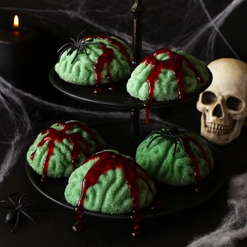 MIJOMA XL Halloween Marshmallow Gehirne 2er Set mit blutigem Candygel 2x80g rosa & grün Erdbeergeschmack gruselige Süßigkeit für Halloween Party Deko Süßes oder Saures