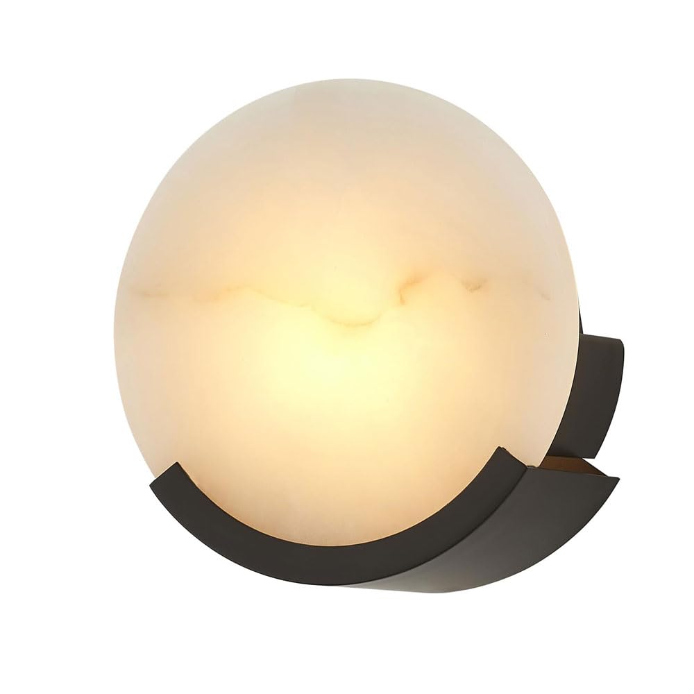 GUOGUOSM 7inc Round Alabaster Wall Light, Modern Industrial Style Marble Wall Sconce, Hard Wire Connection Wall Lamp, Bedroom Staircase Corridor Decorative Lighting Fixtures