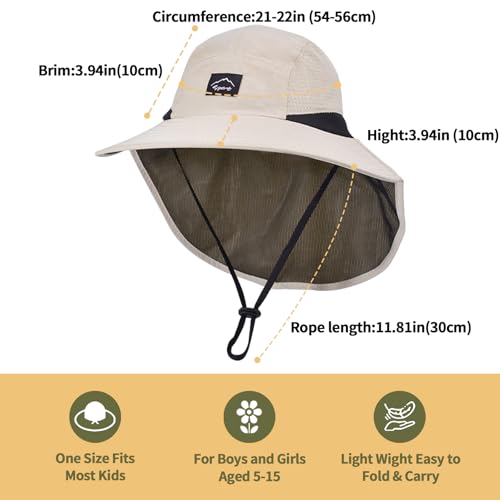 Image of ZOORON Kids Sun Hat with Neck Flap UPF 50+ UV Protection Wide Brim Breathable Fishing Safari Beach Summer Hat for Boys Girls