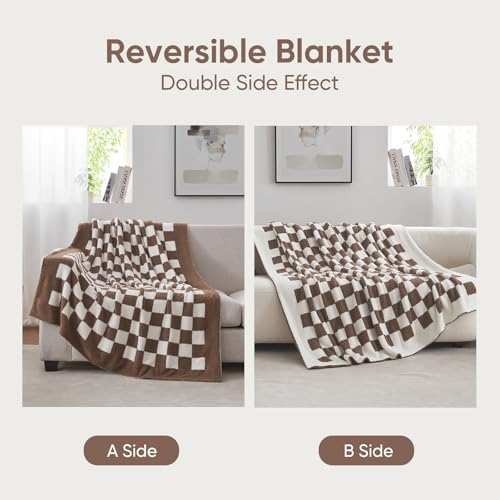 Couverture à carreaux pour lit et canapé plaid chaud réversible marron
