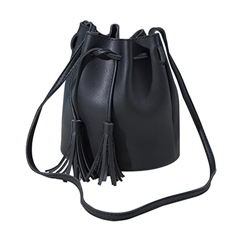 Daliuing Tassel Cross Bag Solid Color Buckets Tote Handbag Drawstring Waterproof Leather Crossbody Phone Bag for Women Girls (Black) Cover