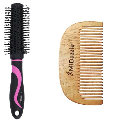 Image of Midazzle Premium Round Hair Brush with Neem Wood Beard Comb, Black and Pink, Set of 2