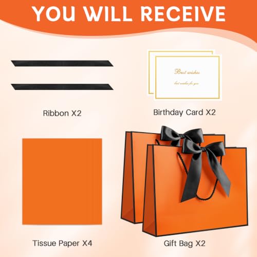 Image of JMANNI Gift Bags with Handles, 13 inch Medium Gift Bag for Presents, 2 Pcs Bags with 4 Tissue Paper and 2 Cards for Graduation Baby Shower Wedding Fathers Day Mother's Day Birthday Party(Orange black)