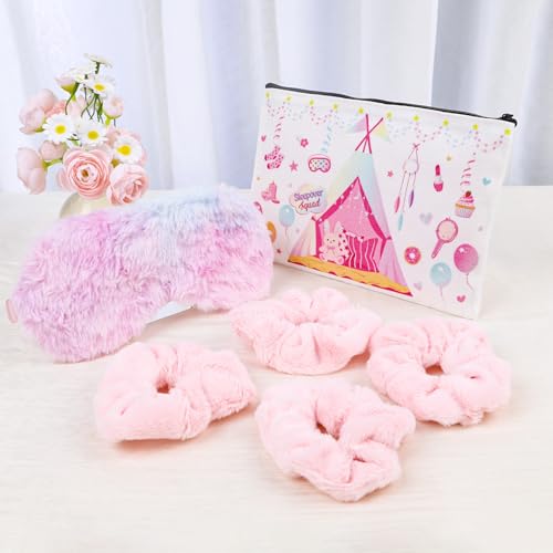 Sleepover Party Supplies for Girls - 12Pcs Sleepover Party Favors with Plush Sleep Eye Mask, Hair Scrunchies, Sleep over Squad Makeup Bags, Slumber Spa Pajama Supplies2