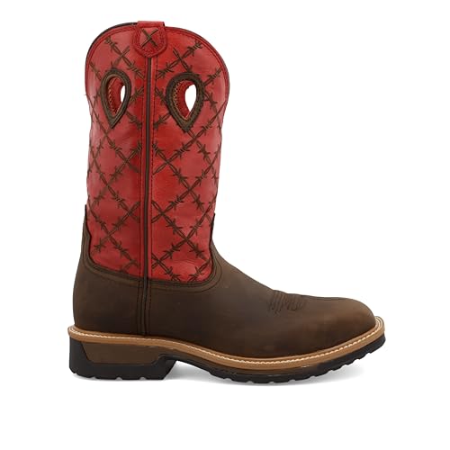 Twisted X Men's 12" Western Work Boot, Square Toe Alloy Toe, Brown & Flash Red, 12 D4