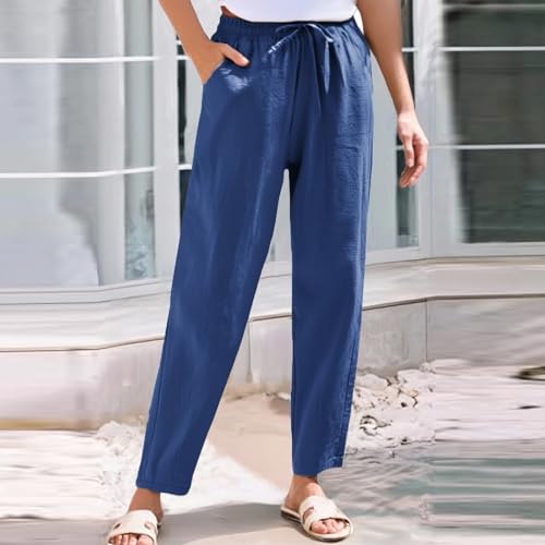 Cropped Linen Pants Women Summer Elastic Drawstring Waist Tapered Straight Leg Crop Pants Casual Beach Ankle Trousers4