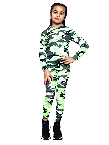 Aelstores Girls Camouflage Hooded Top And Leggings Tracksuit Set Neon Green 11-12 Years #TOP3