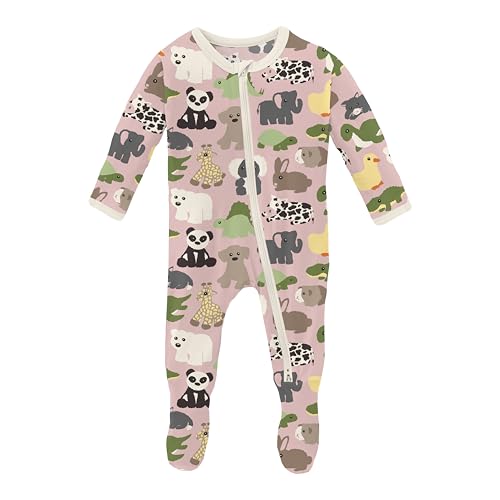 KicKee Print Footie with Zipper, Fitted Long Sleeve Pajamas, Ultra Soft Everyday One-Piece Loungewear, 90s (Baby Rose Too Many Stuffies - 9-12 Months)