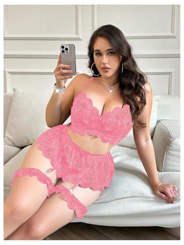 Image of Verdusa Women's Plus Size 4 Piece Lingerie Set Floral Lace Sheer Bralettes and Thong with Garter Belt