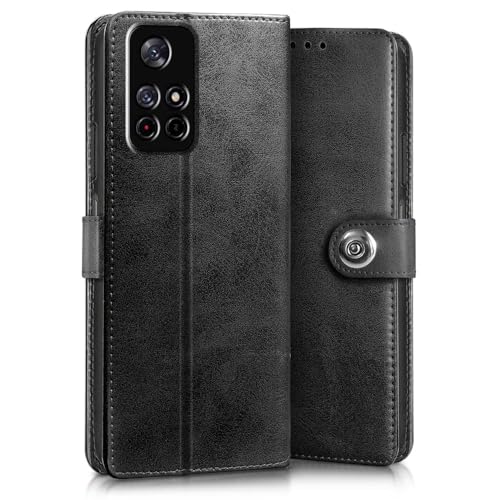 Image of WOW IMAGINE Shock Proof Flip Cover Back Case for Redmi Note 11T 5G | Poco M4 Pro 5G (Magnetic Button Flip Case | Wallet Pockets & Stand | Leather Finish | Haze Black)