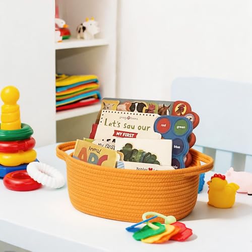 Image of Small Orange Woven Gift Basket, Baskets for Gifts Empty, Cotton Rope Cat Dog Toy Bin Box, Baby Nursery Organizer, Easter Basket with Handle, Shelf Storage Bin, Orange Room Decor, 12 inchx 8 inchx 5 inch