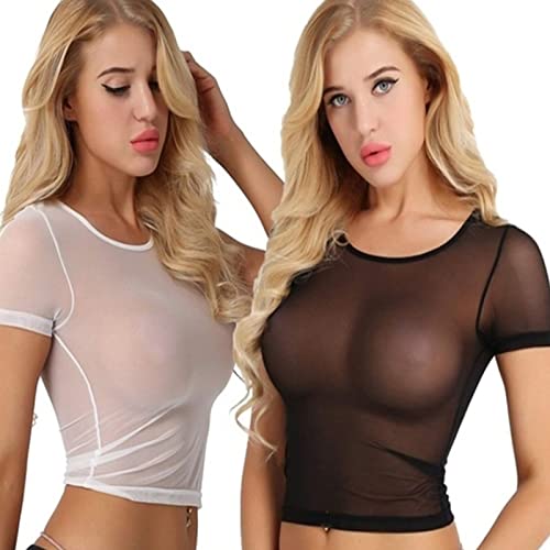2026 Camisa Mujer Transparente Malla Corta Manga 2PCS Casual Cosecha T-Tops, Negro , 3XL