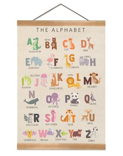 Alphabet Poster Wall with Wood Hanger Frame, Cute Animal Alphabet Wall Art Posters, Classroom Hanging Wall Decor, Alphabet Banner Decor for Toddler Room Playroom Nursery Wall Decoration (12x16inch Animal Poster)